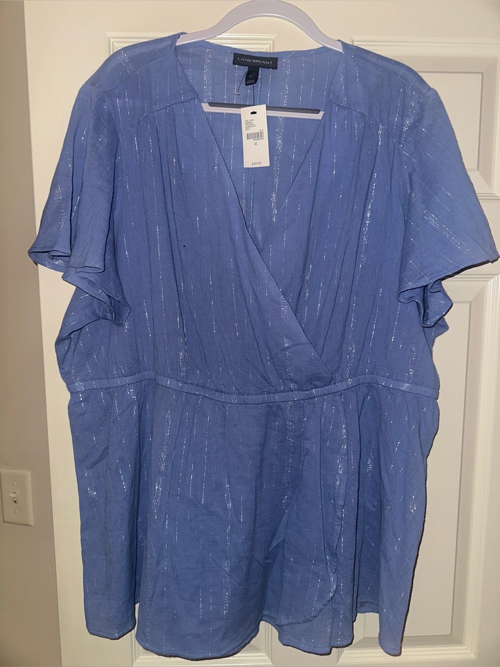Lane Bryant 22 Blue & Silver Sparkle SS Lurex Faux Wrap Top Fits 22W ~ NWT